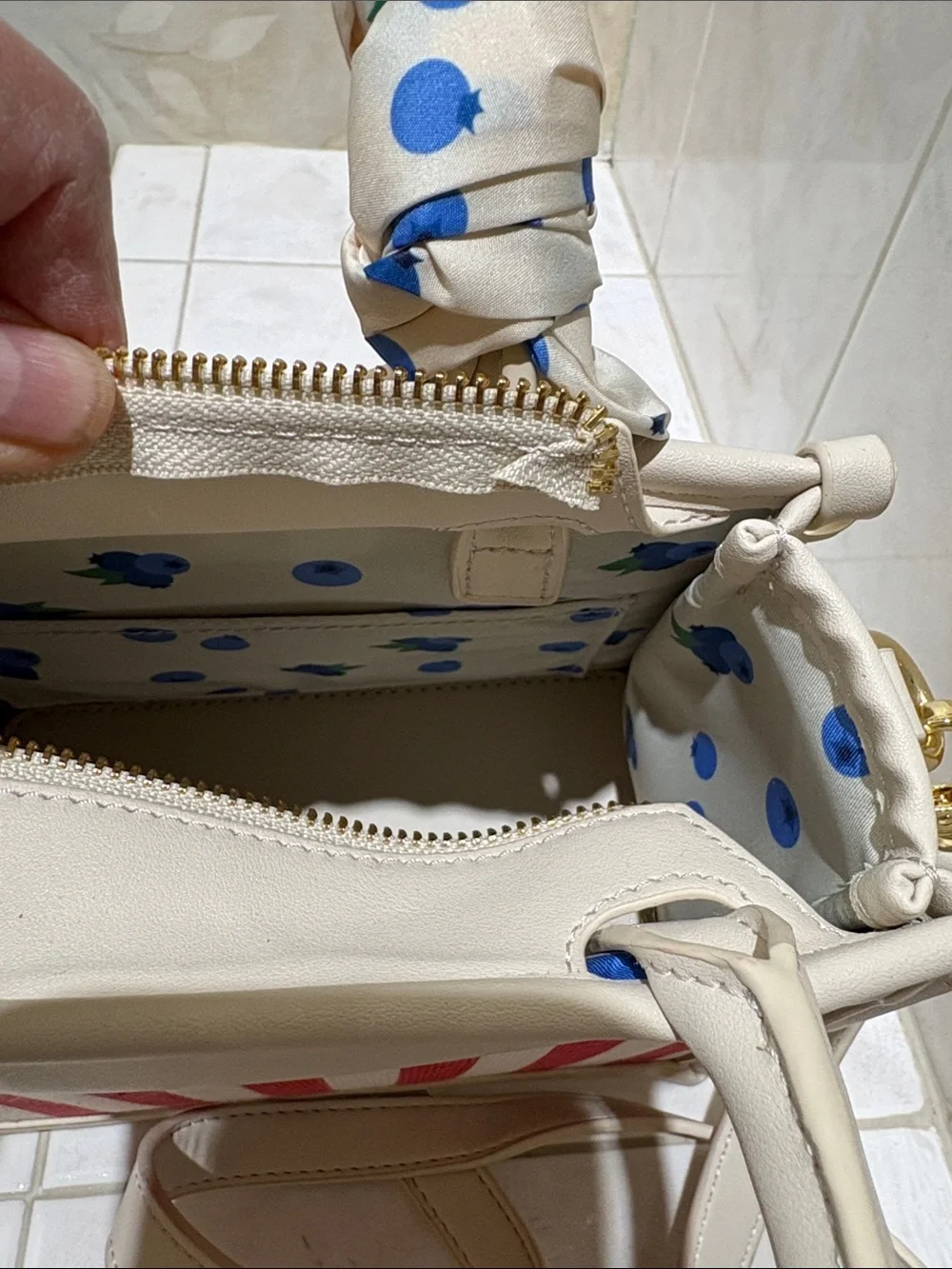 Betsey Johnson Cream and Red Striped Top-Handle Satchel with Blueberry Pom Charm